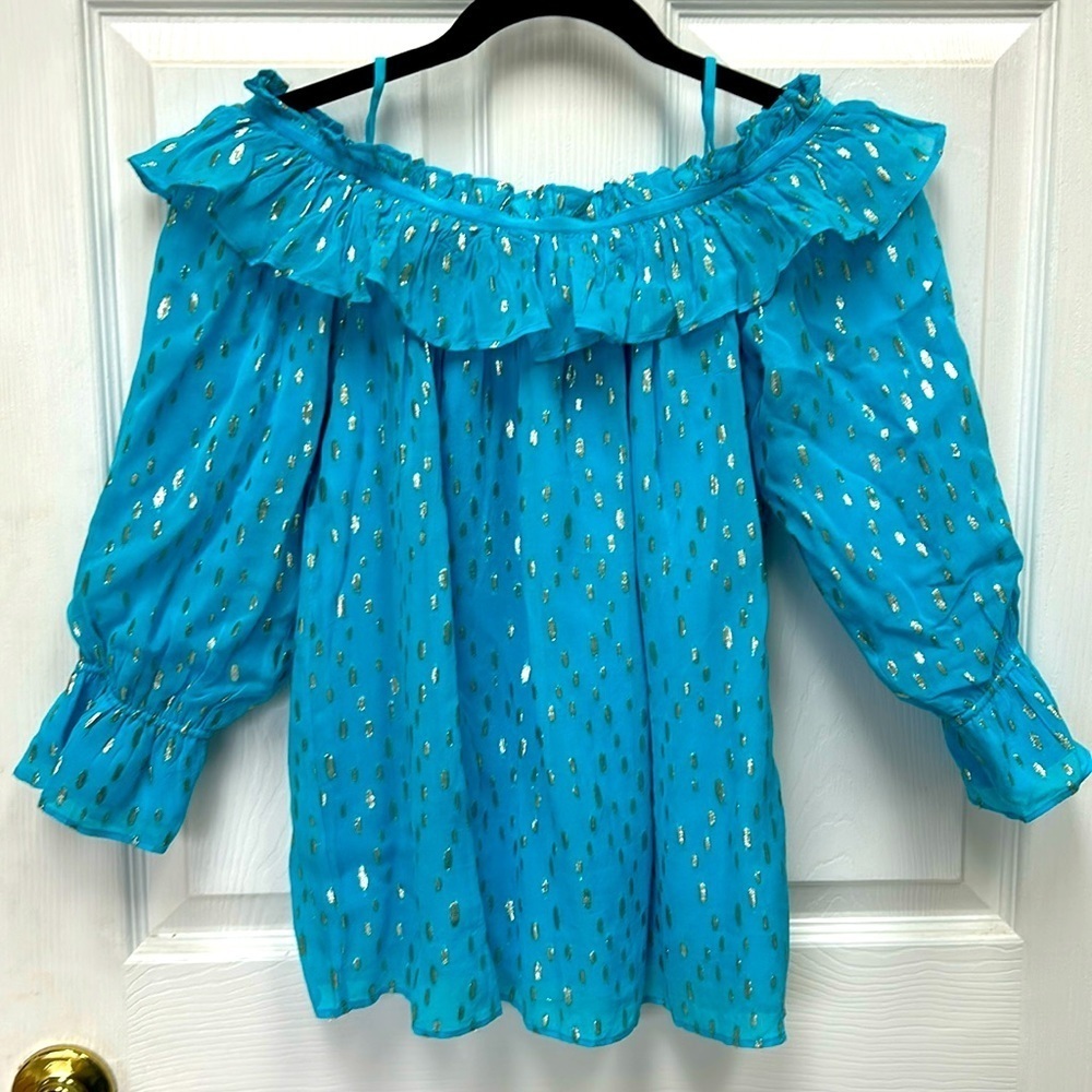 Lilly Pulitzer CerCee Turquoise Blouse with Metallic Accents
